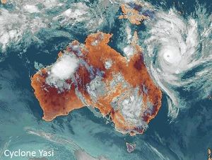 Satellite image of Cyclone Yasi near\nAustralia.
